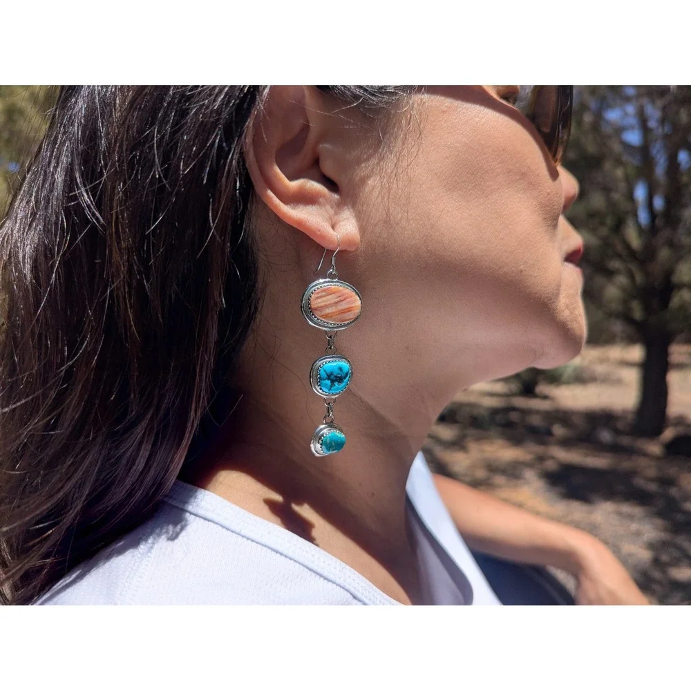 Navajo 3 Stones Drop Dangle Earrings Sterling Silver Handmade Turq‎ Jewelry **